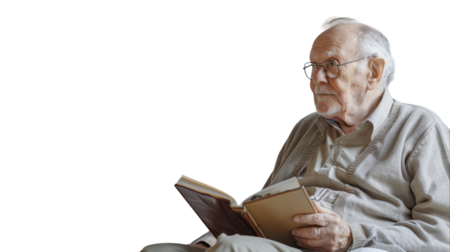 An elderly man deeply engrossed in reading a book while seated
