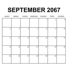 september 2067. monthly calendar design. week starts on sunday. printable, simple, and clean vector design isolated on white background.