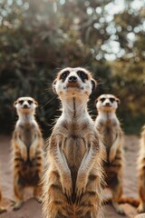 Professional Photography of a Group of Curious Meerkats Standing Alert on Their Hind Legs, Generative AI