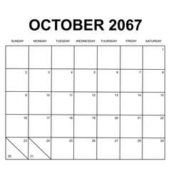 october 2067. monthly calendar design. week starts on sunday. printable, simple, and clean vector design isolated on white background.