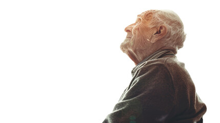 An elderly man gazes up at the expansive sky, his eyes filled with wonder and contemplation