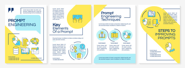 Prompt engineering blue and yellow brochure template. Leaflet design with linear icons. Editable 4 vector layouts for presentation, annual reports. Lato, Questrial-Regular fonts used © bsd studio