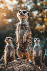 Fototapeta premium Professional Photography of a Group of Curious Meerkats Standing Alert on Their Hind Legs, Generative AI