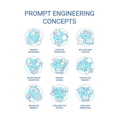 Prompt engineering soft blue concept icons. Design instructions for ai model. Test and optimize tasks. Chatbot interaction. Icon pack. Vector images. Round shape illustrations. Abstract idea