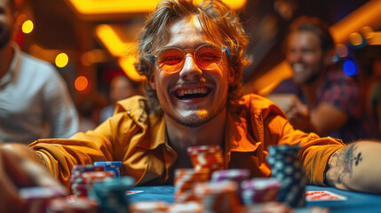 A man rejoices after winning poker in a casino club. Man wins jackpot at casino