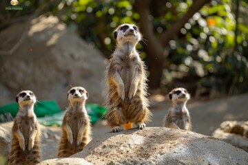 Fototapeta premium Professional Photography of a Group of Curious Meerkats Standing Alert on Their Hind Legs, Generative AI
