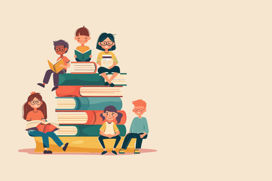 Vector illustration of children reading a book on stack of book, copy space, flat design, world book day celebration for banner, creative minimal poster, template social media design template