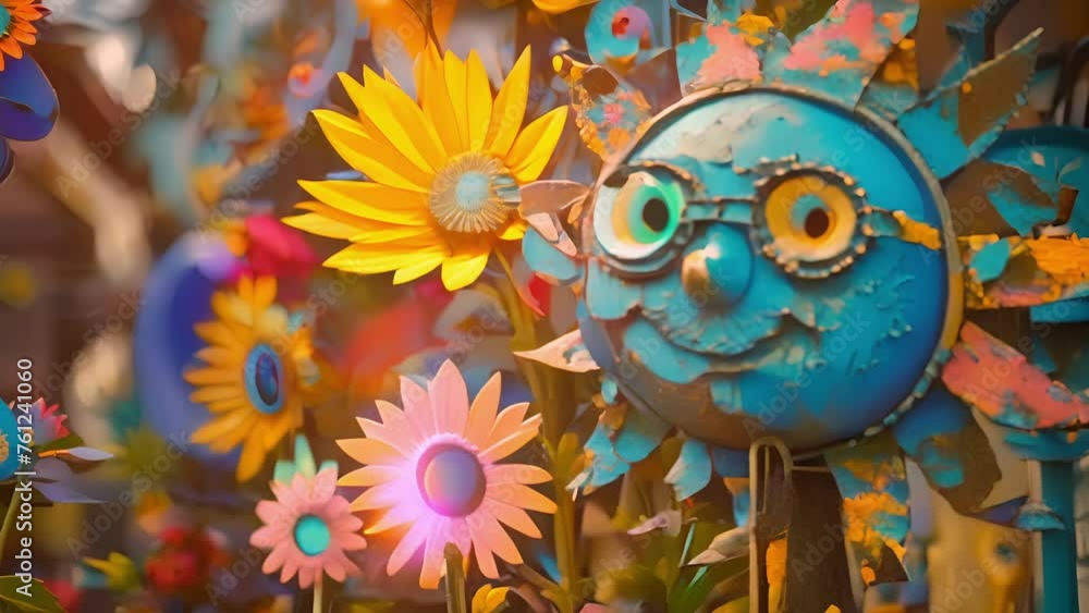 Poster a display of whimsical sculptures made from recycled materials adding a touch of whimsy to the urban