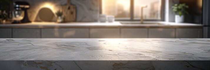 White Gold Kitchen Countertop on Blurred Background, Luxury Table Mockup, Generative AI Illustration