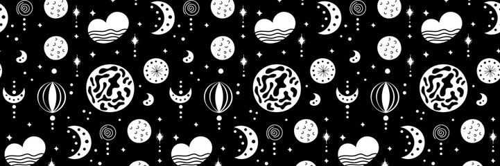 Seamless neo folk patterns with moon, cloud, sun and stars, black and white celestial design. Set Neo folk style endless backgrounds perfect for textile design.