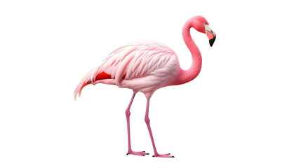 A pink flamingo gracefully balances on its hind legs, striking a pose with elegance and poise