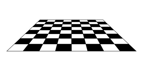 Empty chessboard plane in perspective. Tiled mosaic floor. Sloped checkerboard texture. Inclined board with black and white squares pattern isolated on white background. Vector flat illustration