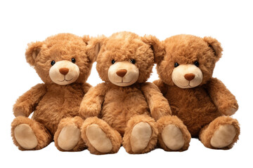 Three Brown Teddy Bears Sitting Next to Each Other. On a White or Clear Surface PNG Transparent Background.