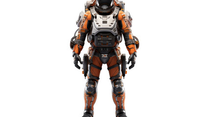 An orange and white robot stands proudly against a stark white background