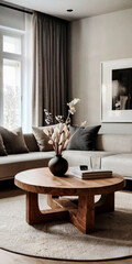 Modern interior, wooden table, sofa, big windows, living room, living space 