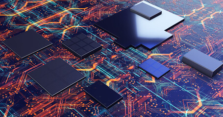 Computer Processors With Connections And Signals. Gigantic Data Transferring. Technology Related 3D Render. - obrazy, fototapety, plakaty