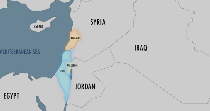 Map of the middle east. Israel and Lebanon borders. Possible conflict.
