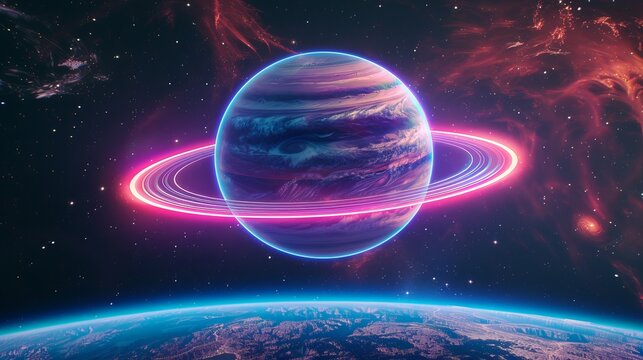 3D neon image depicting Saturn in the Earth's atmosphere.