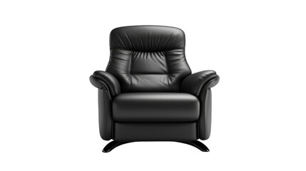 A sleek black leather recliner chair stands against a crisp white background