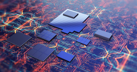 Futuristic CPU GPU Circuit Board. Data Transferring In Progress. Technology Related 3D Render. - obrazy, fototapety, plakaty