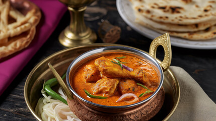 Creamy butter chicken served in a metal bowl with tandoori roti and onion rings