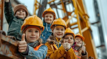 Group of children doing their dream job as Crane Operators at the construction site with crane in the background. Concept of Creativity, Happiness, Dream come true and Teamwork.