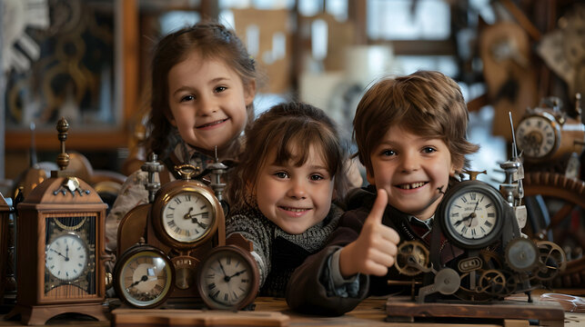 Group of children doing their dream job as Clockmakers in the workshop. Concept of Creativity, Happiness, Dream come true and Teamwork.