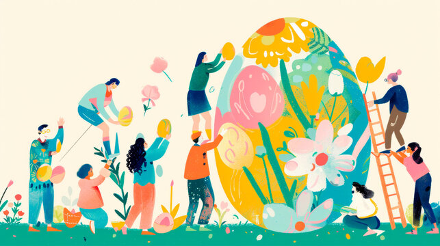 A diverse group of people of different ages and backgrounds are gathered around a table, meticulously painting vibrant colors onto a large Easter egg. Each person. Banner. Copy space