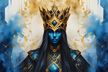 A woman priestess through the eyes of an artist in blue and gold colors. AI generated - obrazy, fototapety, plakaty