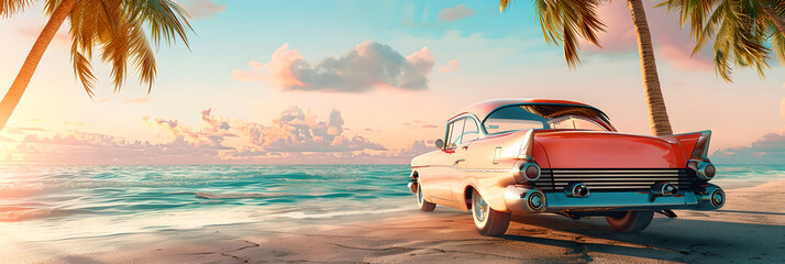 Vintage car at sunset on a tropical beach. Summer vacation and travel concept. Classic retro automobile. Design for poster, header, invitation, banner with copy space. Panoramic view - obrazy, fototapety, plakaty