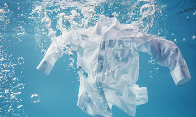 The sunlight filters through, creating a peaceful underwater scene while air bubbles trail the sinking white garment, suggesting washing and cleansing. - obrazy, fototapety, plakaty
