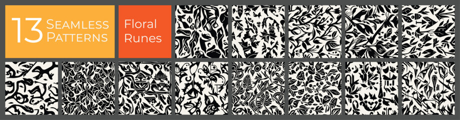 Floral deco pattern collection. Monotone clean baroque art. Abstract textile deco pattern. - 761242406