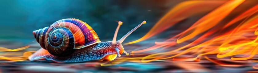 snail turbocharged with fiery flames and speed blur low-angle