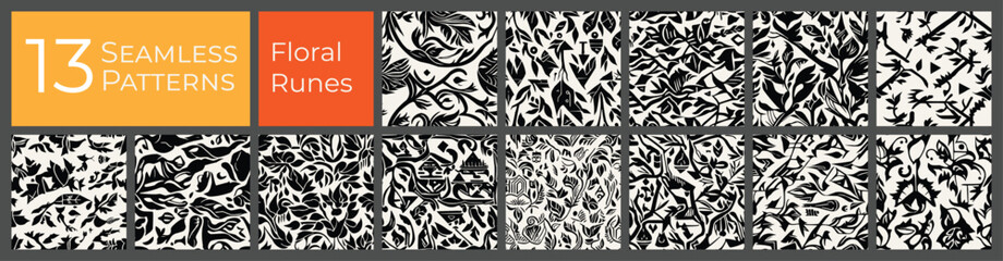 Floral deco pattern collection. Monotone clean baroque art. Abstract textile deco pattern. - 761242453