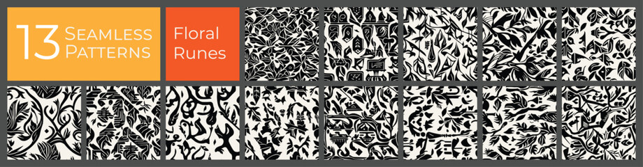 Floral deco pattern collection. Monotone clean baroque art. Abstract textile deco pattern.