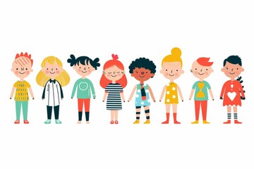Fototapeta premium Variety of cartoon vector children in colorful outfits. A diverse group of cartoon children standing in row wearing various colorful outfits representing different styles and personalities 
