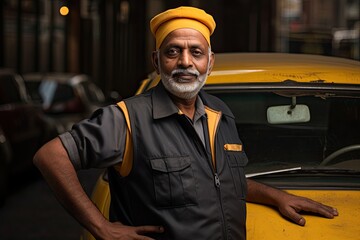 A proud taxi driver leans against his yellow cab, ready to navigate the city streets