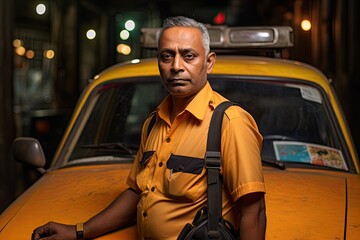 A proud taxi driver leans against his yellow cab, ready to navigate the city streets