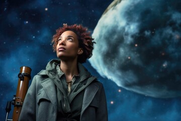 A young African American woman astronomer gazes upward, beside her telescope, lost in the wonder of the vast universe above - obrazy, fototapety, plakaty