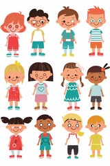 Variety of cartoon vector children in colorful outfits. A diverse group of cartoon children standing in row wearing various colorful outfits representing different styles and personalities 