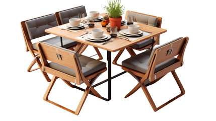 A wooden table is surrounded by four chairs in a cozy setting