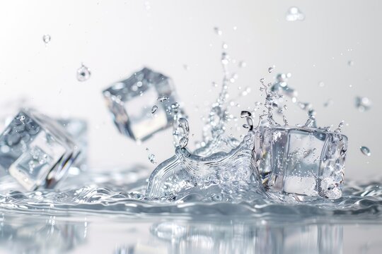 Ice cubes falling into water with splash and drops of water on white background