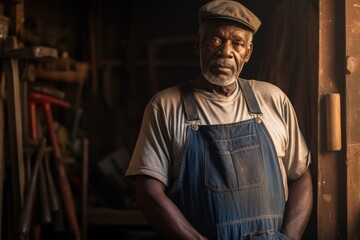 An older African American man carpenter, with a confident stance, wearing a denim apron, stands in his well equipped woodworking shop