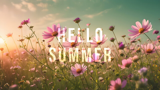 Hello Summer text against blooming wildflowers and  sunset sky.. Summertime, summer solstice concept. 