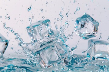 Ice cubes and water splash isolated on white background, freeze motion.