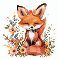 Floral Fox Baby Clipart isolated on white background