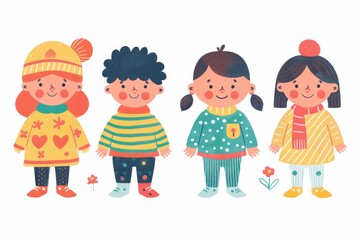 Fototapeta premium Variety of cartoon vector children in colorful outfits. A diverse group of cartoon children standing in row wearing various colorful outfits representing different styles and personalities 