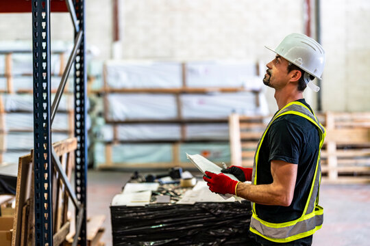 Worker examining and holding documents at warehouse