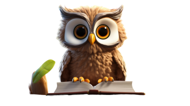 An owl perches gracefully on an open book, its feathers ruffled in the wind