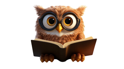 A scholarly owl wearing glasses engrossed in reading a book